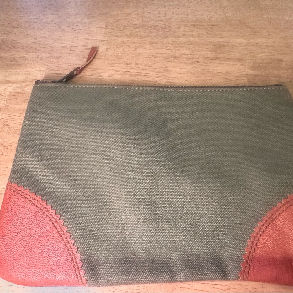 Canvas and Leather Zip Pouch - Olive Green and Rust